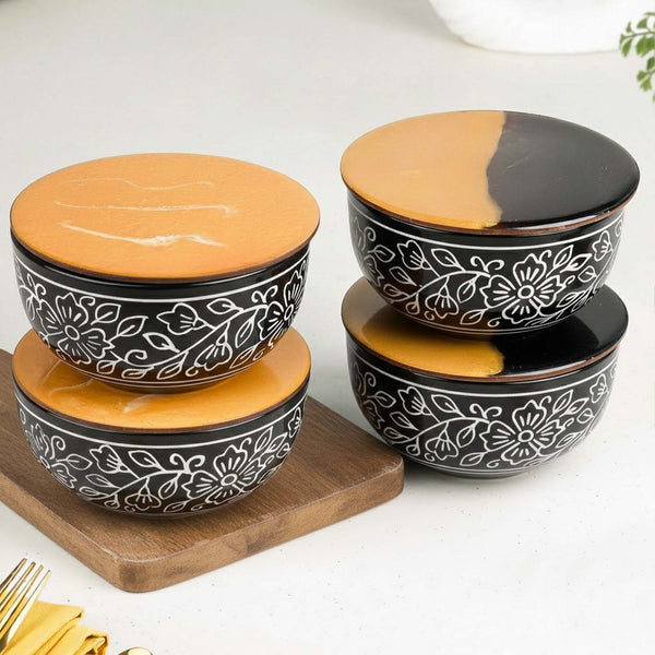 Black Artvine Ceramic Snack Bowl Set of 4 – 500ML with Lid