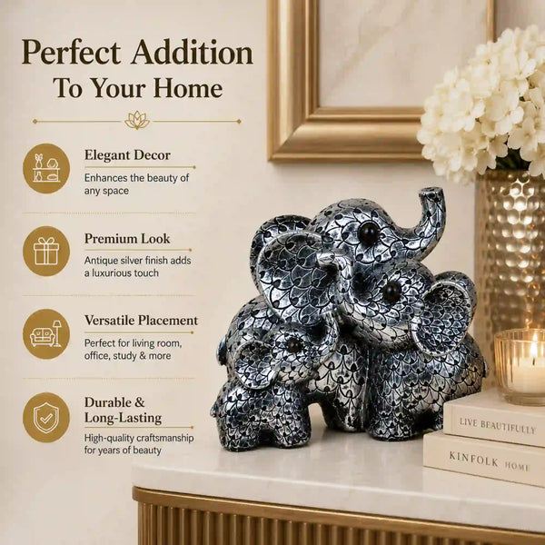 Elegant Antique Silver Elephant Family Sculpture