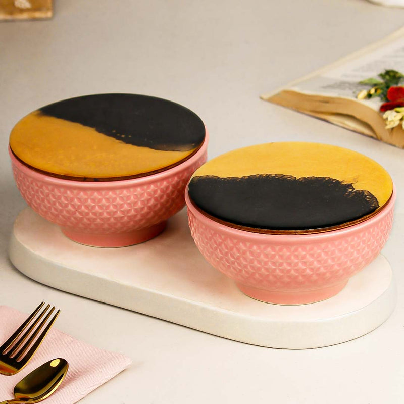 Pink Star Ceramic Bowl Set of 2 – 580ML with Lid