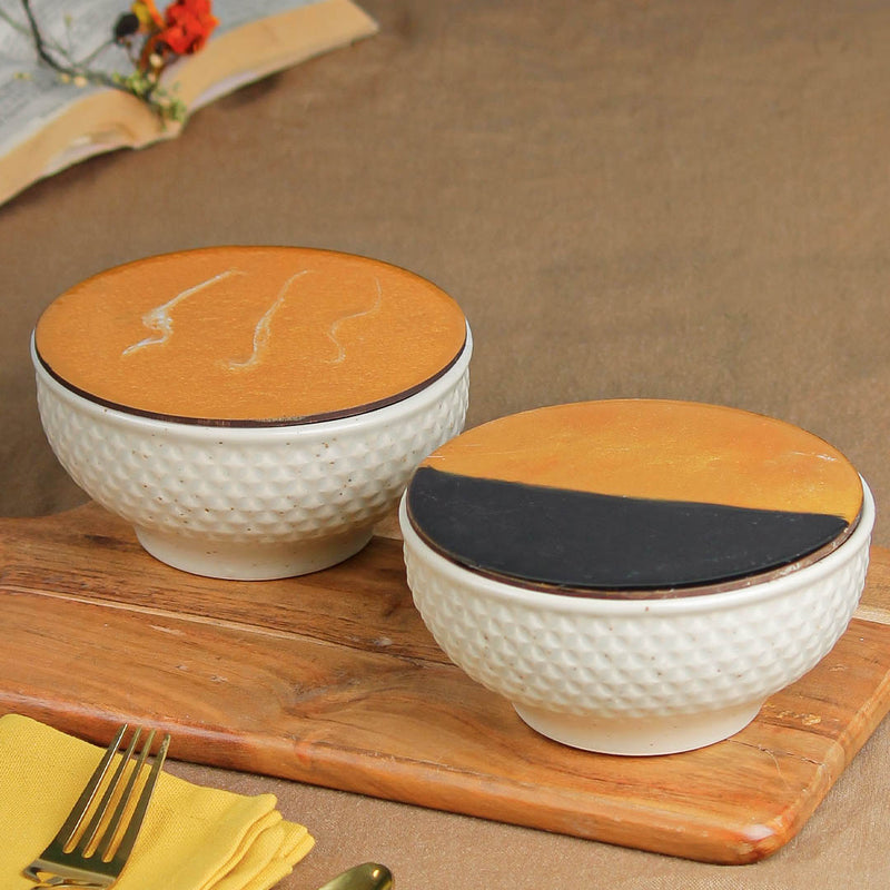 Cream Star Ceramic Bowl Set of 2 – 580ML with Lid