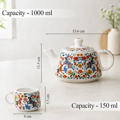 Ceramic teapot and mug with floral design, showing capacity and dimensions on a white background.