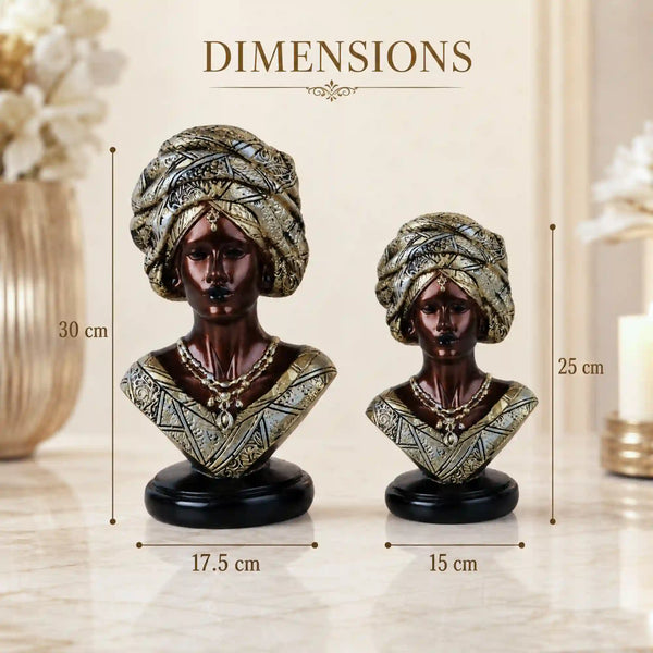 Two decorative busts with turban designs and measurements on a neutral background