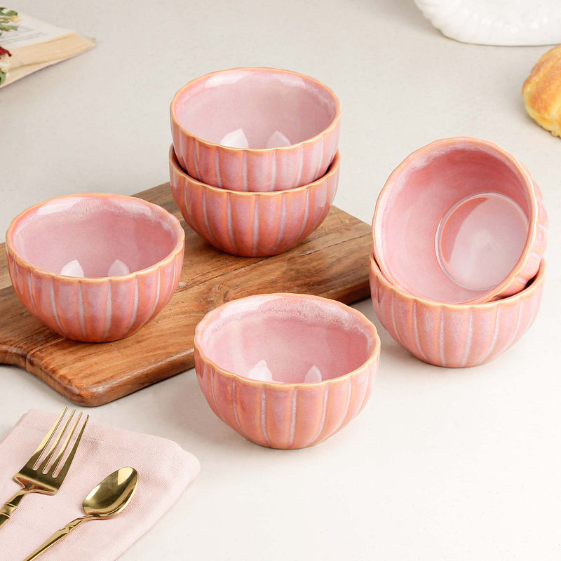 Pink Ribbed Ceramic Snack Bowl Set of 6 – 320ML