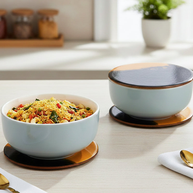 Grey Mellow Ceramic Bowl Set of 2 – 450ML with Lid