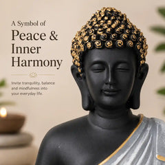 Meditating Buddha Statue in Premium Black & Silver with Gold Accents