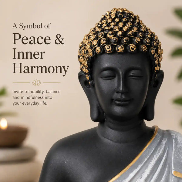 Meditating Buddha Statue in Premium Black & Silver with Gold Accents