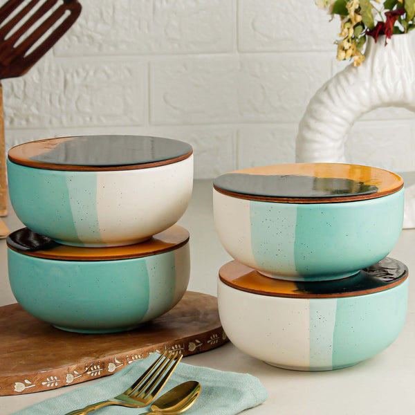 Green Matte Ceramic Bowl Set of 4 – 500ML with Lid