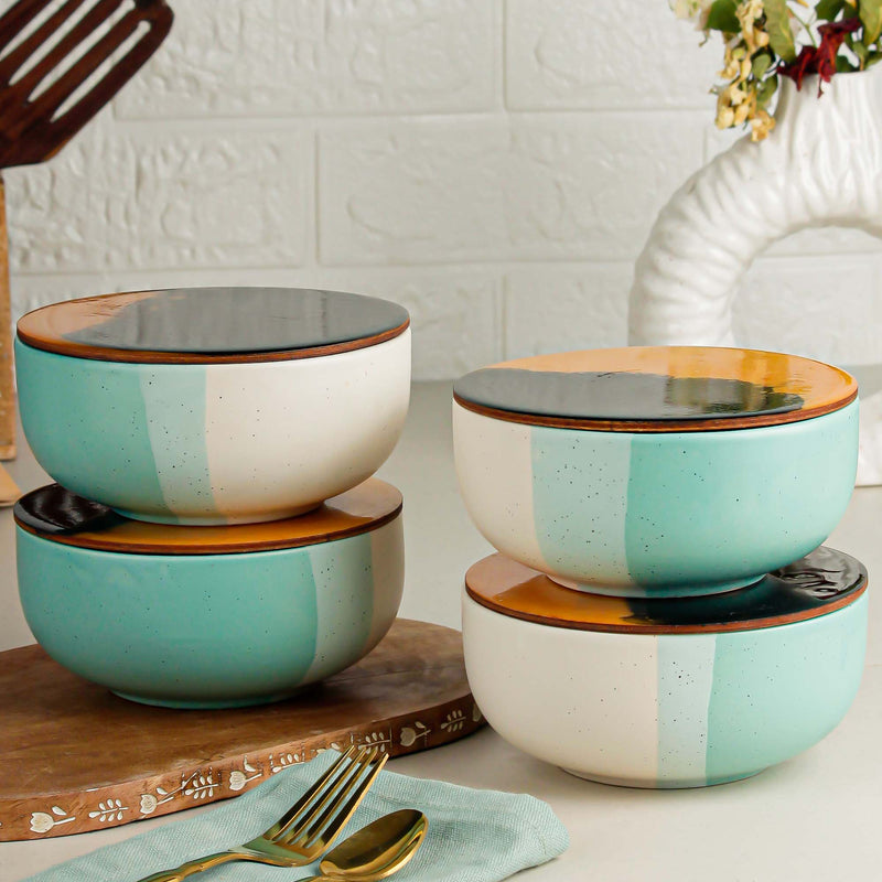 Green Matte Ceramic Bowl Set of 4 – 500ML with Lid