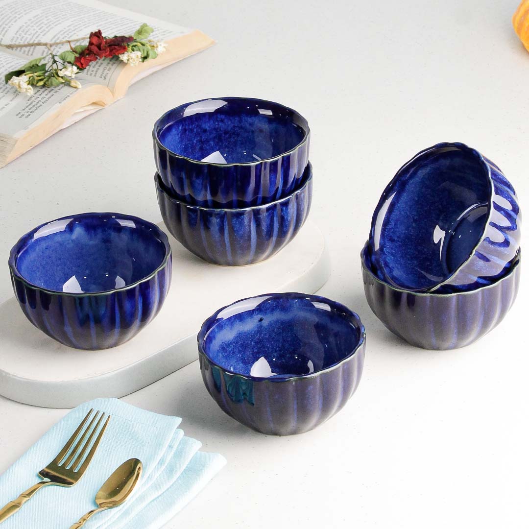 Blue Ribbed Ceramic Bowl Set of 6,320ML Snack, Serving and Nuts Bowls ...