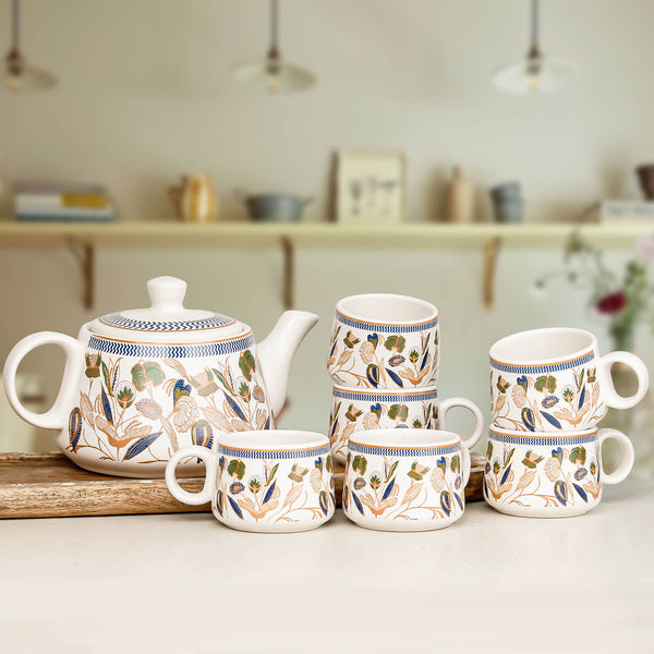 Bronze Petals Ceramic Tea Set With 6 Cups Kettle