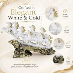 Majestic White & Gold Galloping 7 Horse Sculpture
