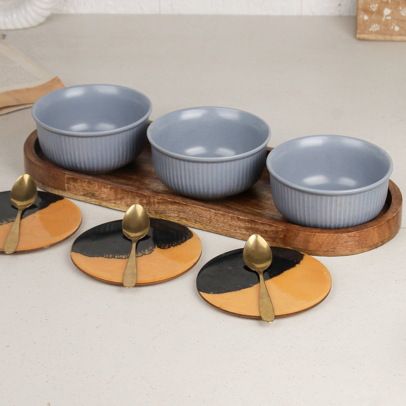 Grey Fringe Ceramic Bowl Serving Set 3 Bowls, 1 Tray, 3 Spoon and 3 Coaster