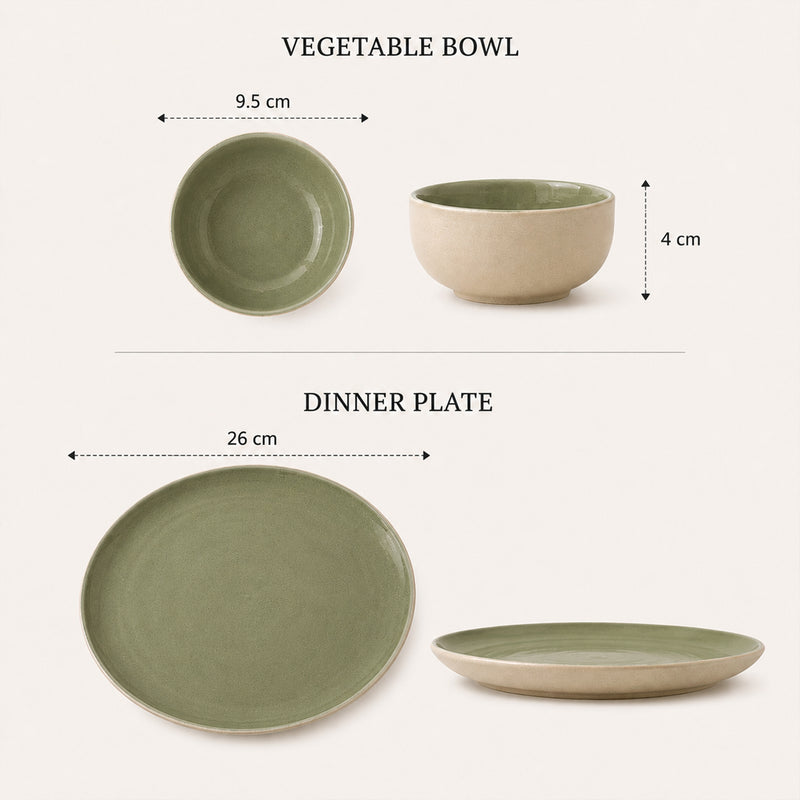 Organic Green Ceramic Dinner Set - 21 Pieces with Serving Bowls