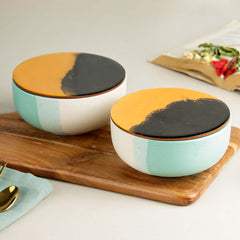 Green Matte Ceramic Bowl Set of 2 – 500ML with Lid