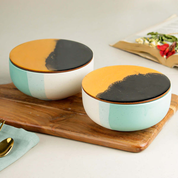 Green Matte Ceramic Bowl Set of 2 – 500ML with Lid
