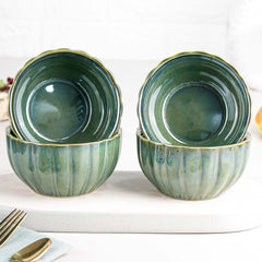 Green Ribbed Ceramic Bowl Set of 4, 320ML