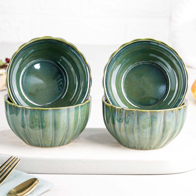 Green Ribbed Ceramic Bowl Set of 4, 320ML
