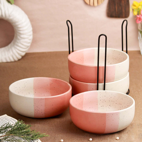 Tritone Pink Ceramic Bowl Set of 4 with Metal Stand – 500ML