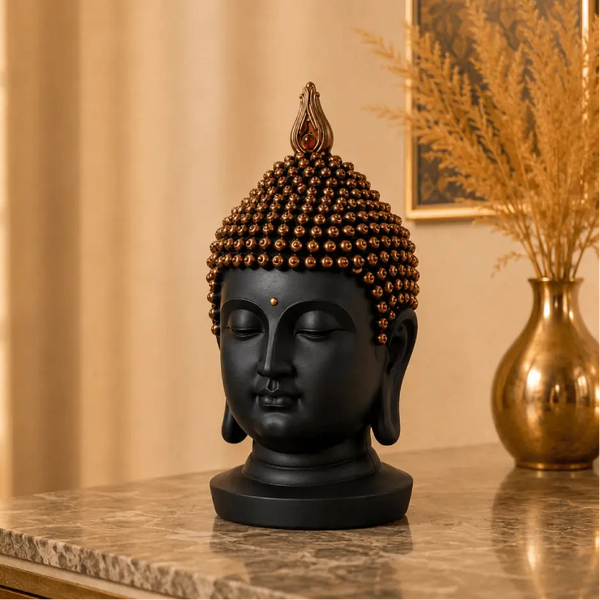 Serenity Buddha Head Sculpture – Matte Black & Copper