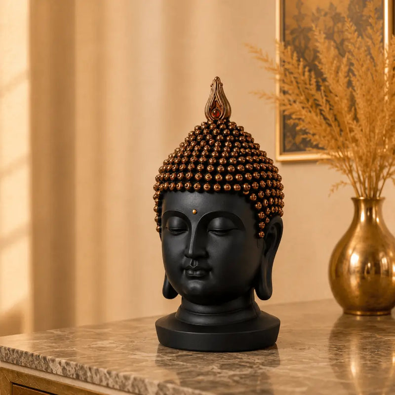 Serenity Buddha Head Sculpture – Matte Black & Copper