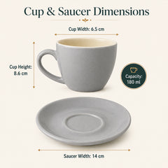 Solid Grey Ceramic Cappuccino Cup & Saucer Set of 4