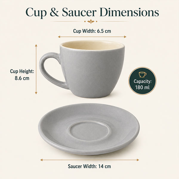 Solid Grey Ceramic Cappuccino Cup & Saucer Set of 4