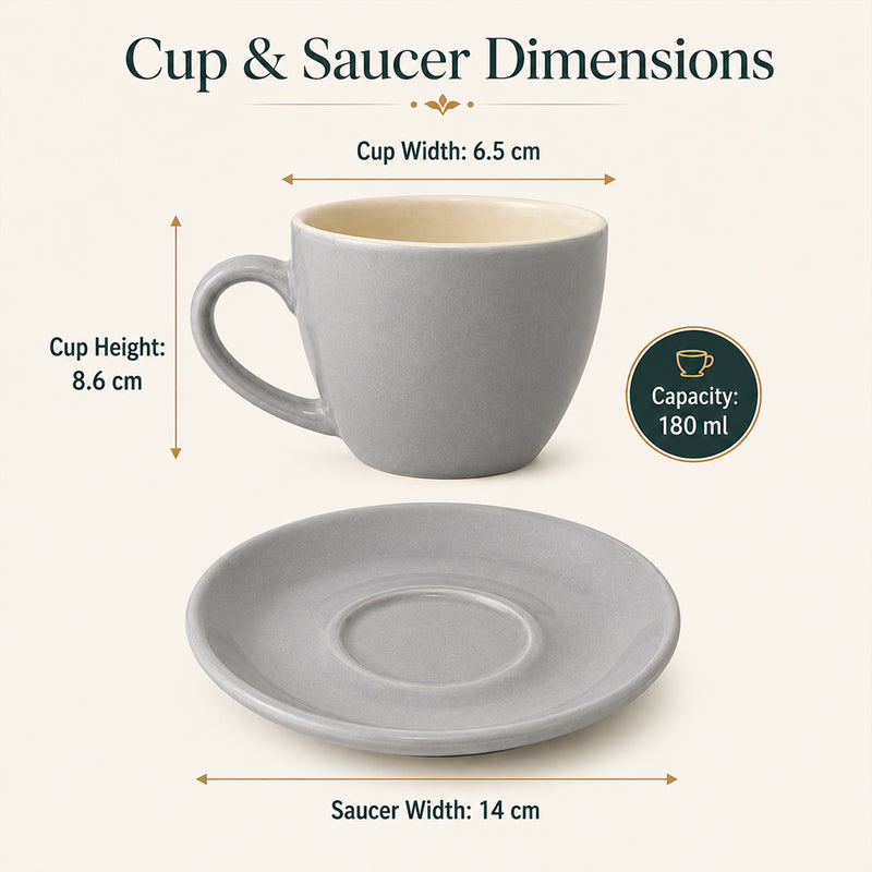 Solid Grey Ceramic Cappuccino Cup & Saucer Set of 4