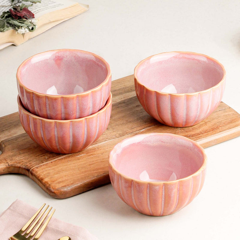 Pink Ribbed Ceramic Snack Bowl Set of 4 – 320ML