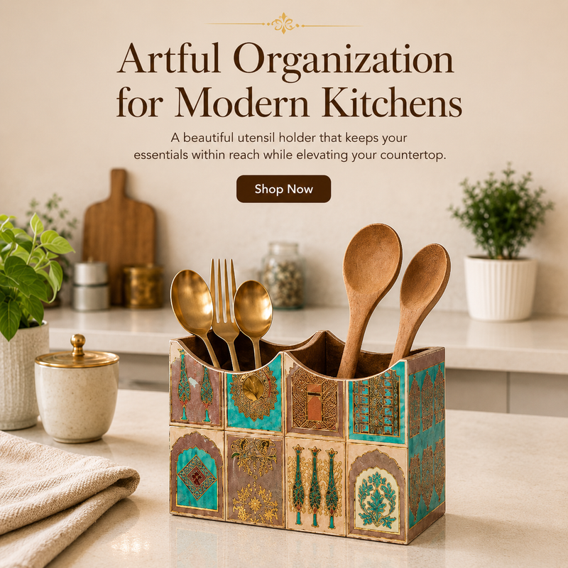 Mughal Heritage Wooden 2-Section Cutlery Holder