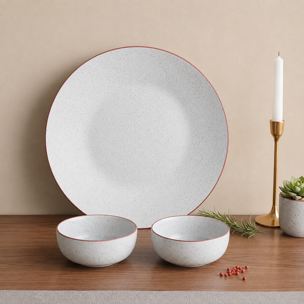 White Matte Brown 3-Piece Ceramic Plate & Bowl Set