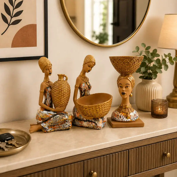 Artistic Ethnic Gold Lady Figurine Set – Decorative Tabletop Trio