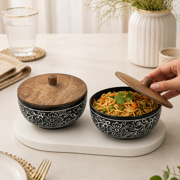 Black Artvine Ceramic Bowl Set of 2 – 500ML with Wooden Lid