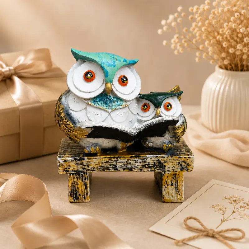Wisdom & Learning Owl Pair Sculpture on Rustic Bench