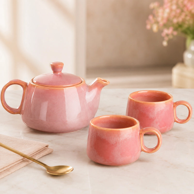 Pink Glaze Ceramic Tea Set | Kettle & 2 Cups (400ml)