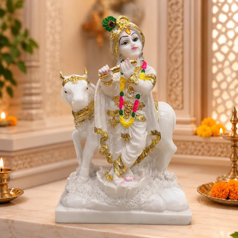 Krishna Idol: Premium White & Gold Spiritual Decor