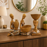 Artistic Ethnic Gold Lady Figurine Set – Decorative Tabletop Trio