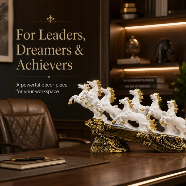 Majestic White & Gold Galloping 7 Horse Sculpture