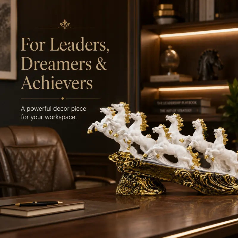 Majestic White & Gold Galloping 7 Horse Sculpture
