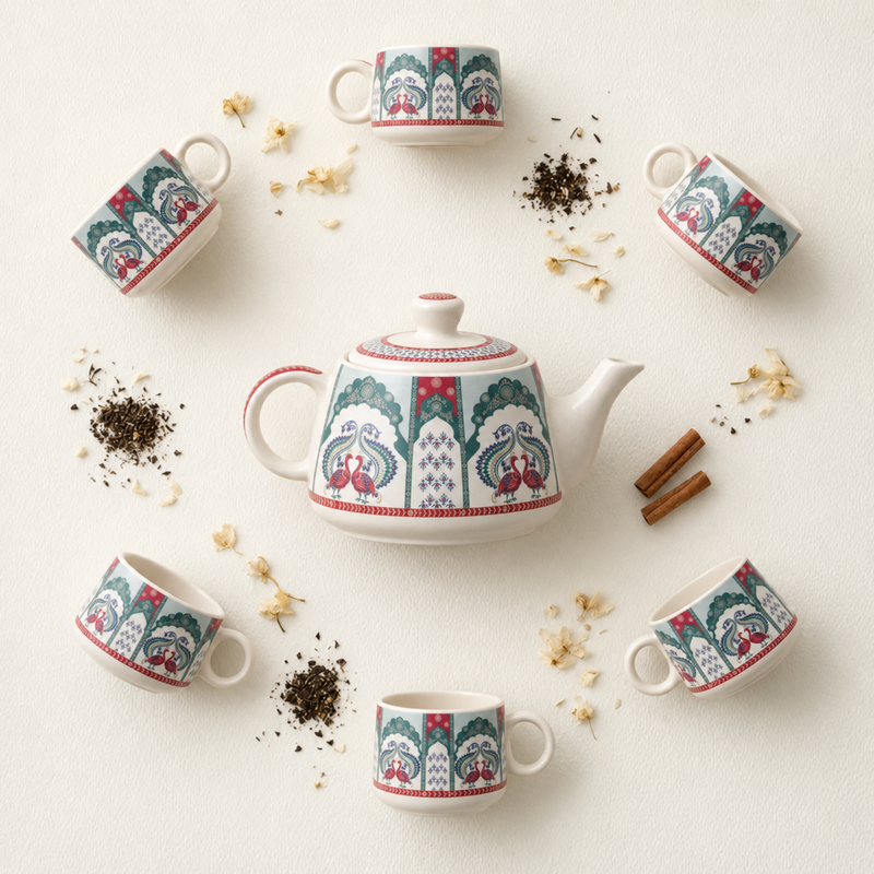 Peagal Ceramic Tea Set With 6 Cups and Kettle