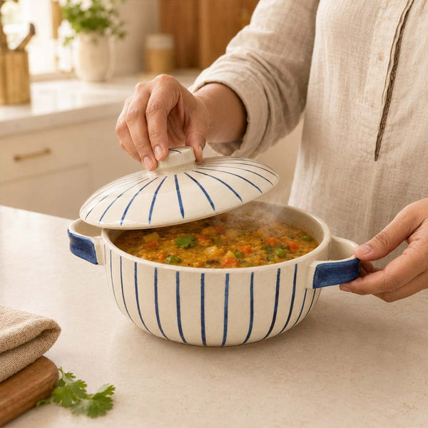 Blue Stripe Ceramic Casserole with Lid, 900ml