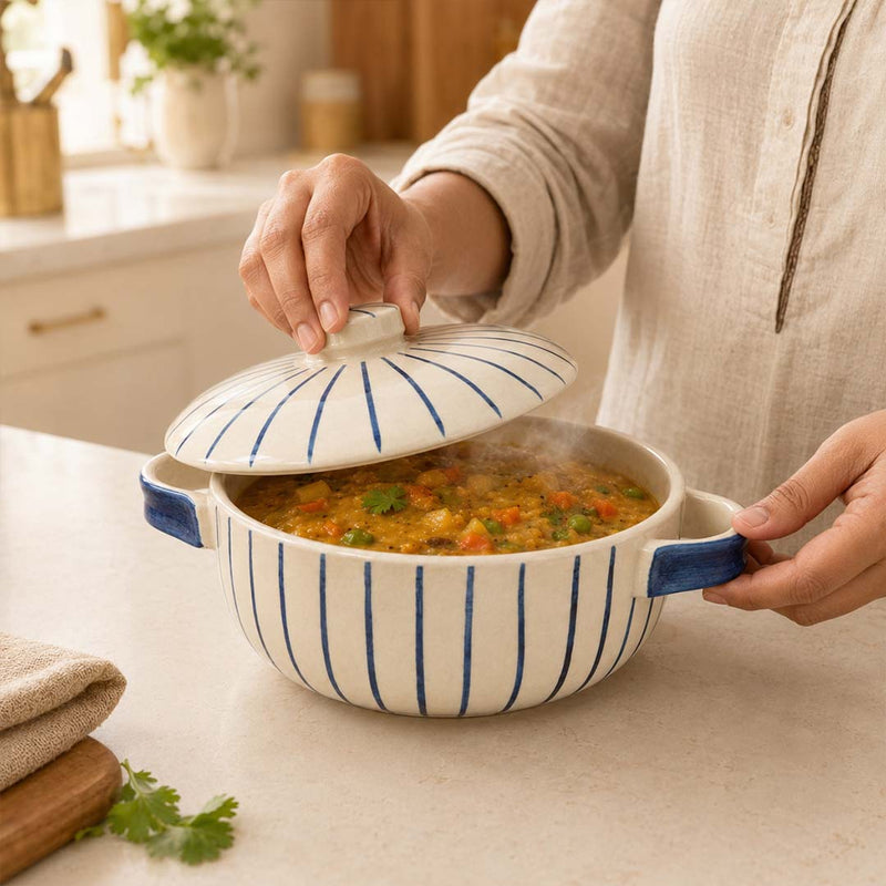 Blue Stripe Ceramic Casserole with Lid, 900ml