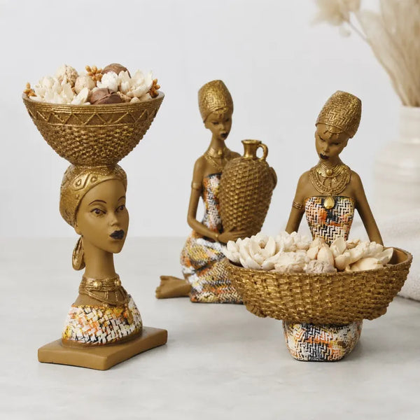 Artistic Ethnic Gold Lady Figurine Set – Decorative Tabletop Trio