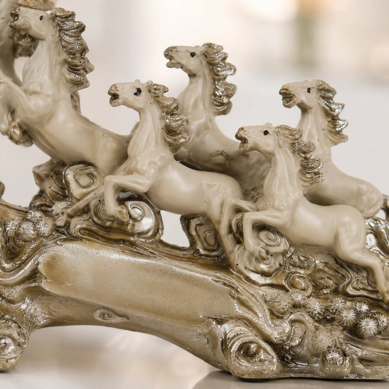 Victorious Galloping 7 Horse Sculpture | Ivory & Champagne Gold