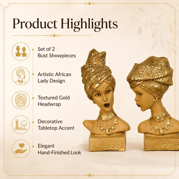 Artistic African Lady Sculptural Bust Pair – Decorative Gold Statues Set of 2