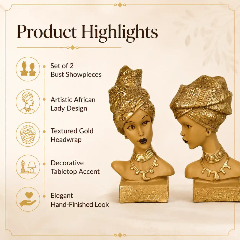 Artistic African Lady Sculptural Bust Pair – Decorative Gold Statues Set of 2