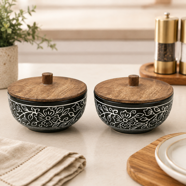 Black Artvine Ceramic Bowl Set of 2 – 500ML with Wooden Lid