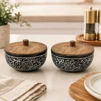 Black Artvine Ceramic Bowl Set of 2 – 500ML with Wooden Lid