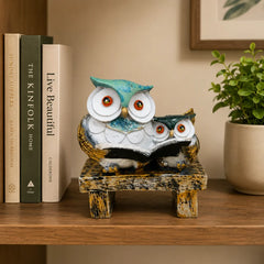 Wisdom & Learning Owl Pair Sculpture on Rustic Bench