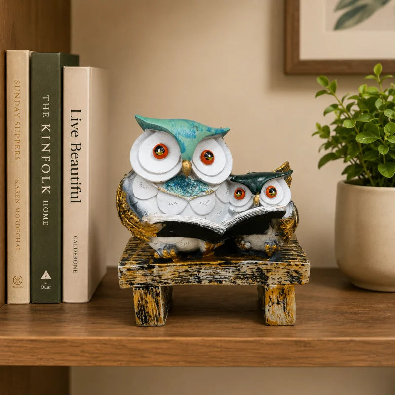 Wisdom & Learning Owl Pair Sculpture on Rustic Bench