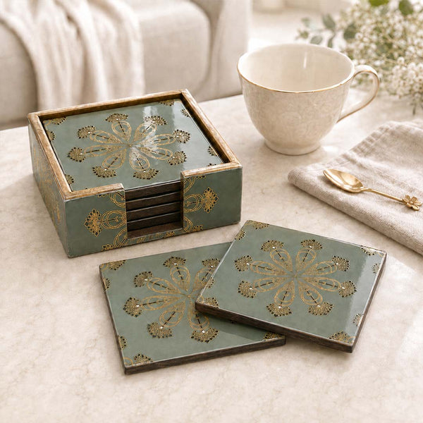 Emerald Heritage Wooden Coaster Set of 6 with Holder